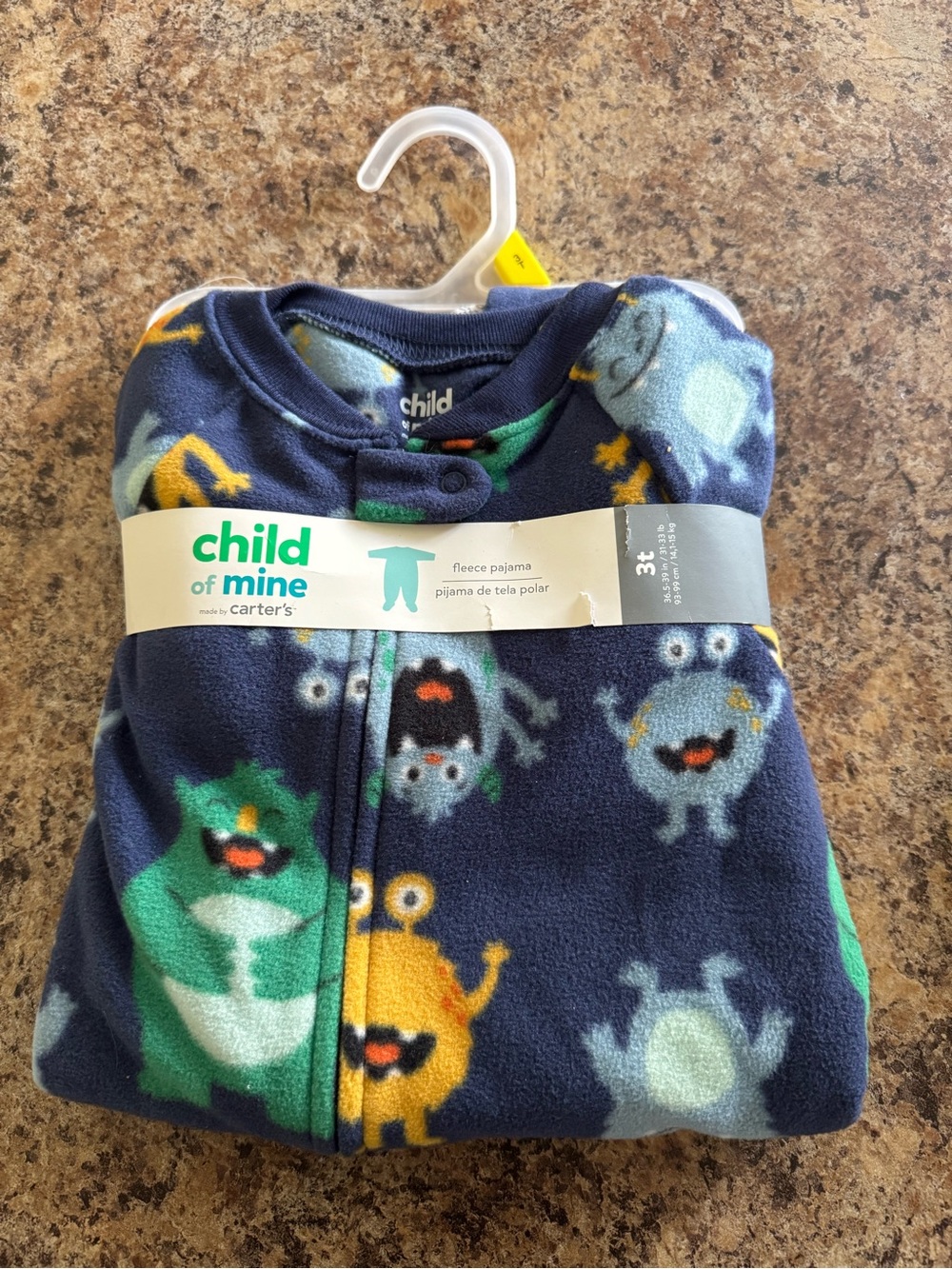 Carter's Child of Mine Navy Blue Fleece Pajama with Monster Print 3T footie